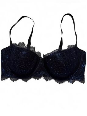 Victoria Secret Sexy Balconet Bra Blue Black Lace Rhinestone Lingerie Y2K 36D